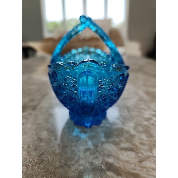 Fenton Daisy and Button Colonial Blue Glass Split Handle Small Basket 5 1/2" - Picture 2 of 5